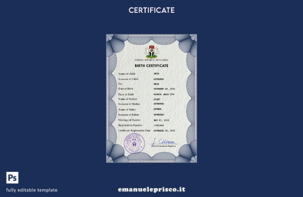 modello PSD del certificato di nascita del documento di stato civile della Niger